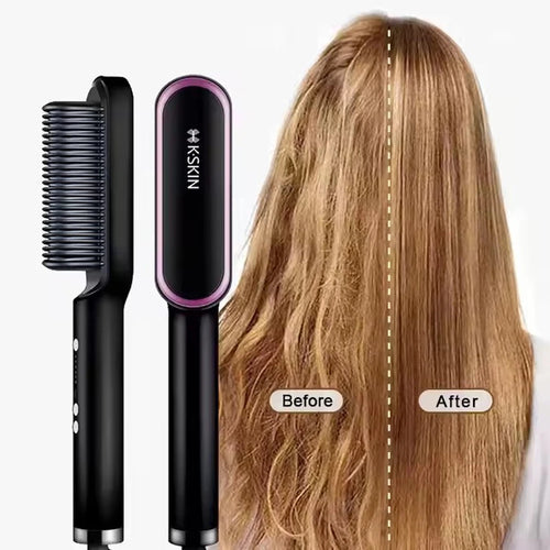 Styler 2-en-1 : peigne chauffant pour lisser et boucler les cheveux, céramique à ions négatifs, brosse lissante, outil de coiffage rapide avec protection anti-brûlure. »