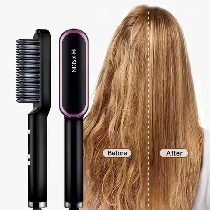Styler 2-en-1 : peigne chauffant pour lisser et boucler les cheveux, céramique à ions négatifs, brosse lissante, outil de coiffage rapide avec protection anti-brûlure. »